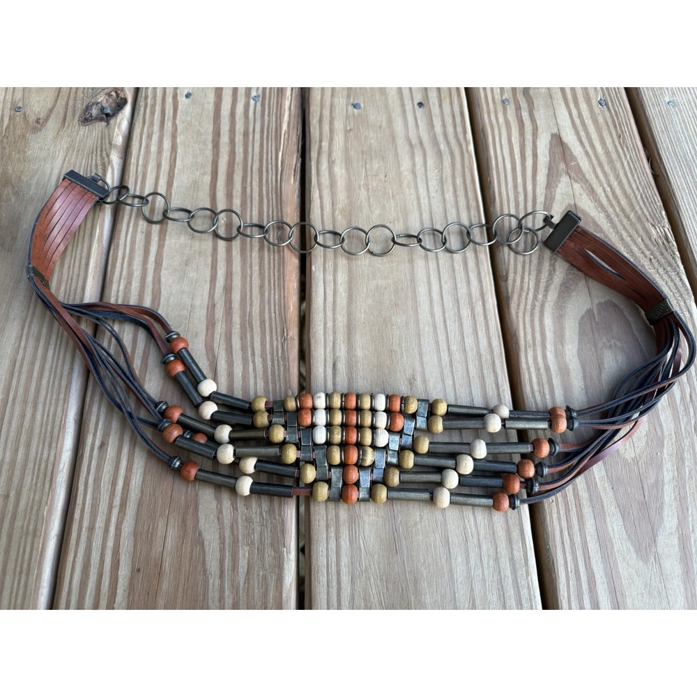 70s Black Leather & Multi Color Wood Beads Chain Belt Brass Accents Boho Hippie